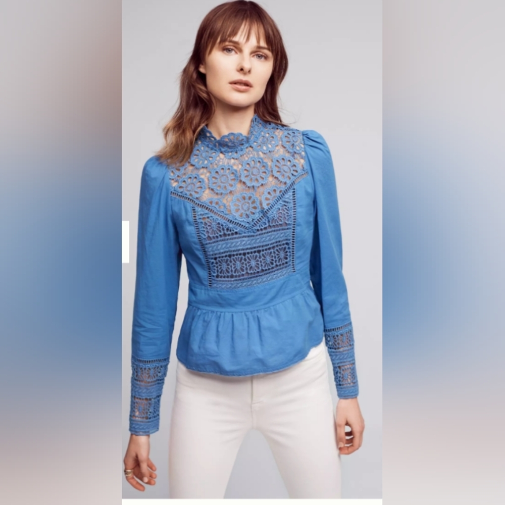 Anthropologie blue blouse w/ lace and button up back good used condition.